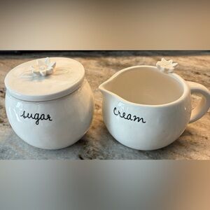 Rae Dunn White Sugar and Cream Set with Floral Accents